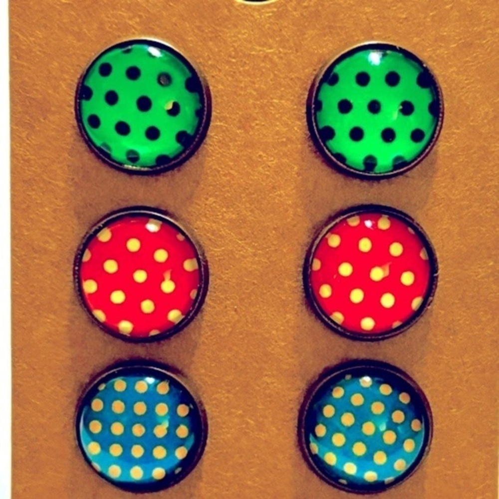 3 Pairs of 12mm Glass Cabochon Polka Dot Stud Earrings, NWT, Handmade, Unworn